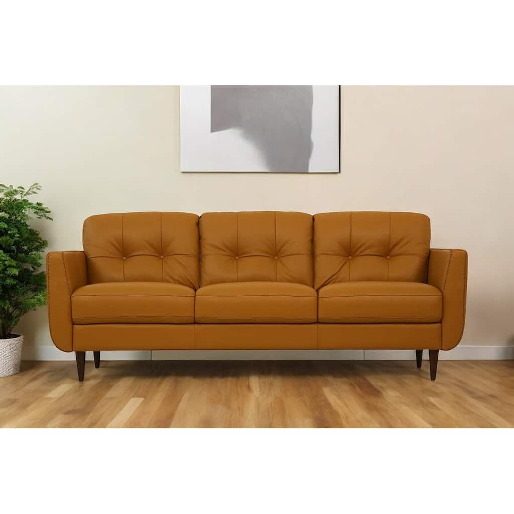 HomeRoots 83" Orange Leather Sofa With Black Legs - 83