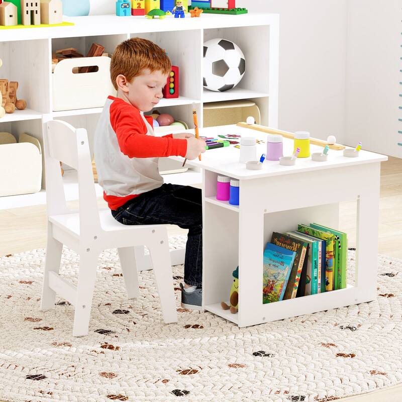Gymax Kid's Art Table & Chair Set w/ Paper Roll 4 Paint Cups & 2