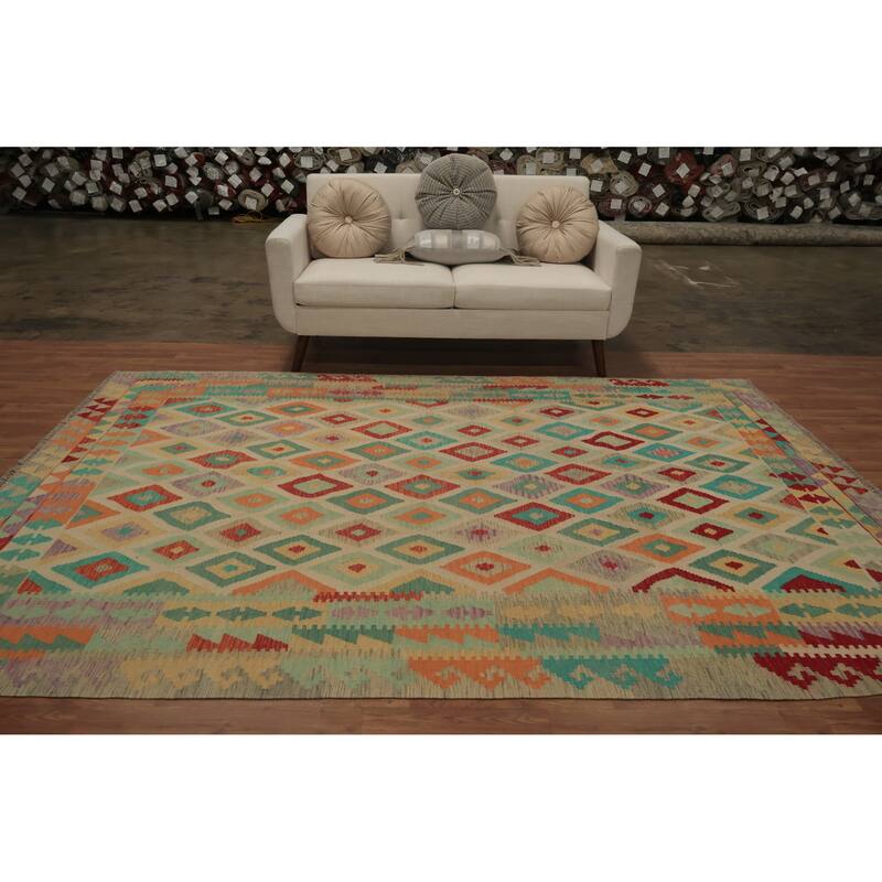 Hand Woven Oriental 100% Wool Carpet Southwestern Tribal Beige & Ivories Kilim Area Rug - 9' 7'' X 6' 9''