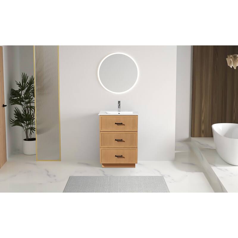 30" Freestanding Bathroom Vanity with Ceramic Sink and 2 Storage Drawers, Stylish Gray Floor Cabinet