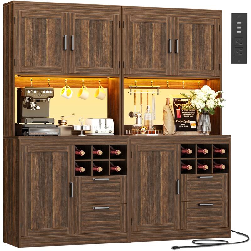 Farmhouse 72" Tall Kitchen Pantry Cabinet with Charging Station, Coffee Bar Cabinet with Hutch and LED Light
