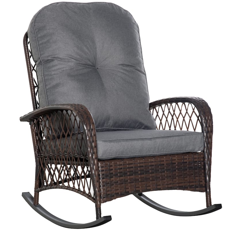 Outsunny Outdoor Wicker Rocking Chair with Widen Seat, Thickened Cushion, Rattan Rocker with Steel Frame