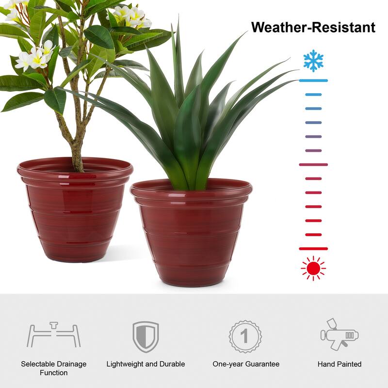 Glitzhome Set of 2 Round Cobalt Blue/Turquoise/Red Faux Ceramic Pot Plastic Planter