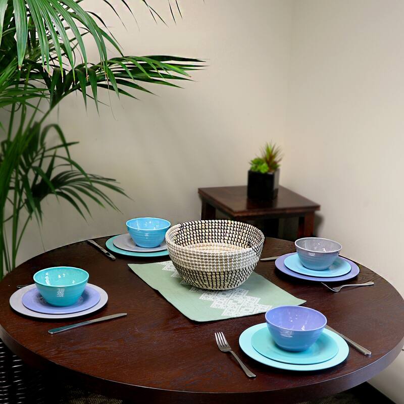 Yecla 12 Piece Melamine Dinnerware Set in Assorted Blues