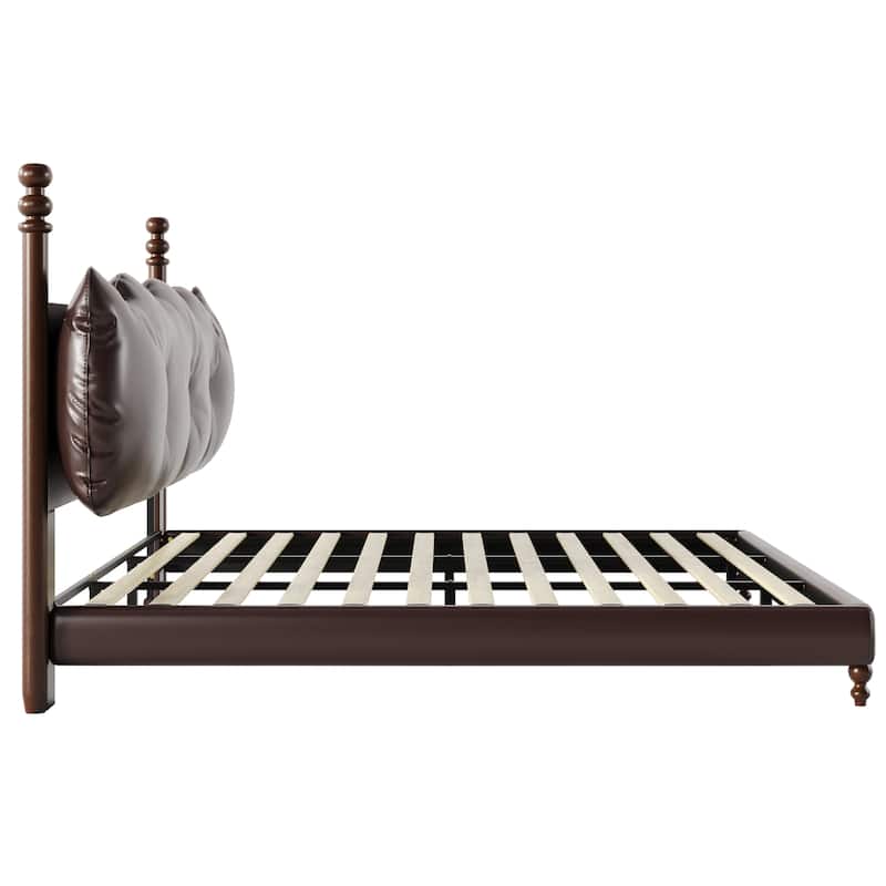 Christopher Knight Home - Eno Modern PU Leather Upholstered Platform Bed Frame with Wood Bedposts, No Box Spring Needed