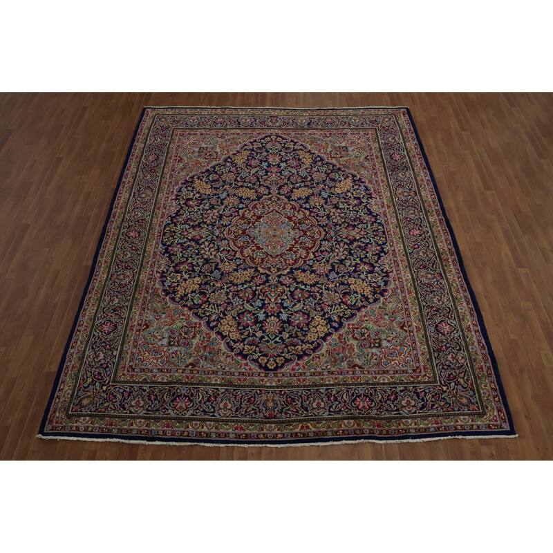 Hand Knotted Oriental 100% Wool Carpet Traditional Floral Navy Blue & Blues Kerman Area Rug - 13' 0'' X 9' 11''