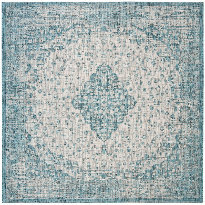 SAFAVIEH Courtyard Boud Indoor/ Outdoor Waterproof Patio Backyard Rug - 6'7" Square - Teal/Cream