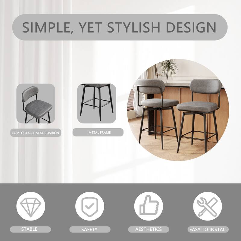 Bar Chairs Set of 2 Piece Set, 360 ° Swivel Bar Chair with Leather Cushions and Iron Brackets Counter Height Bar Chairs