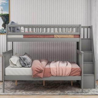 Twin over Full Bunk Bed Wood Frame Guardrail Bed with Storage Banisters Stairway for Kids Teens