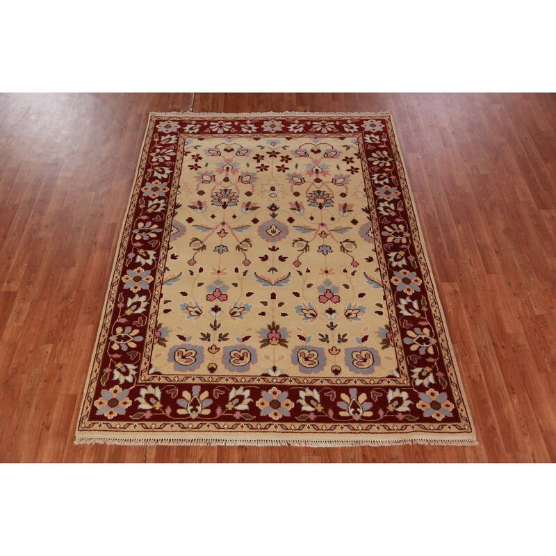 Hand Knotted Oriental 100% Wool Carpet Traditional Floral Peach Ziegler Area Rug - 7' 1'' X 5' 5''