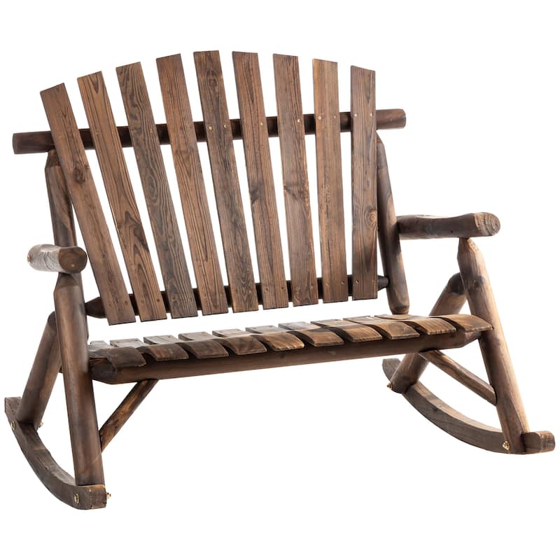 Outsunny 2-Person Wooden Adirondack Rocking with Slatted Design for Backyard, Porch, Poolside