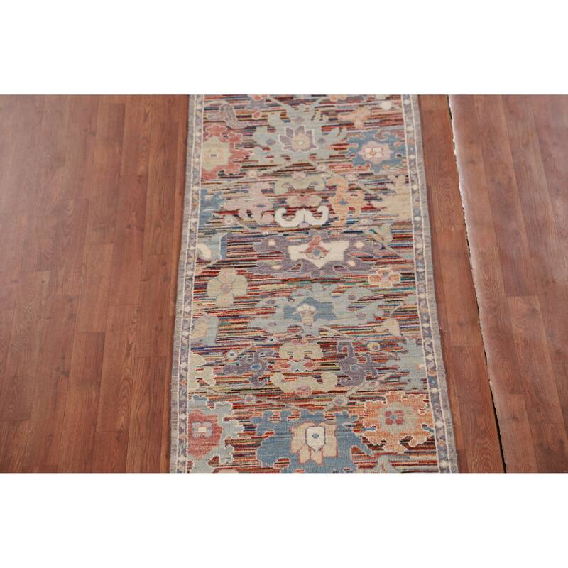Hand Knotted Oriental 100% Wool Carpet Transitional Floral Multi-Colored Oushak Runner Rug - 19' 5'' X 2' 4''
