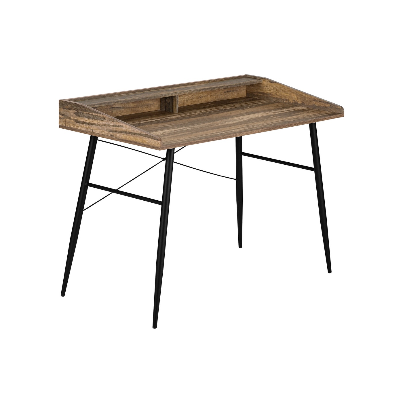 Sturdy Black Metal Frame Computer Desk with a Long Shelf and Two Storage Cubbies, Brown