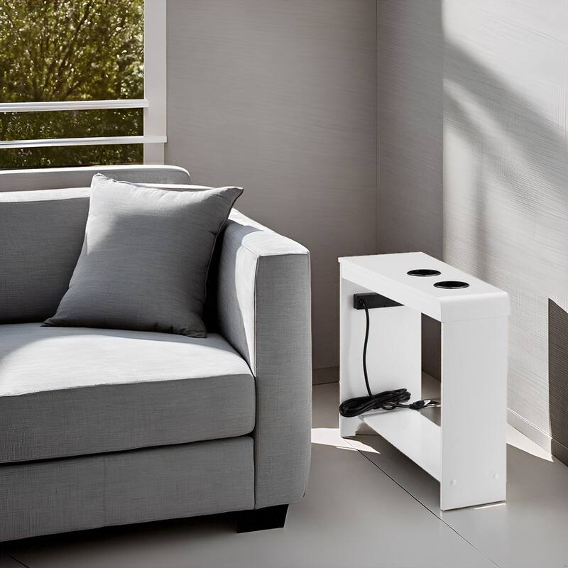 Narrow End Table with Charging Station - Side Table Nightstand with Storage, 2 Power Outlets & 2 USB Ports