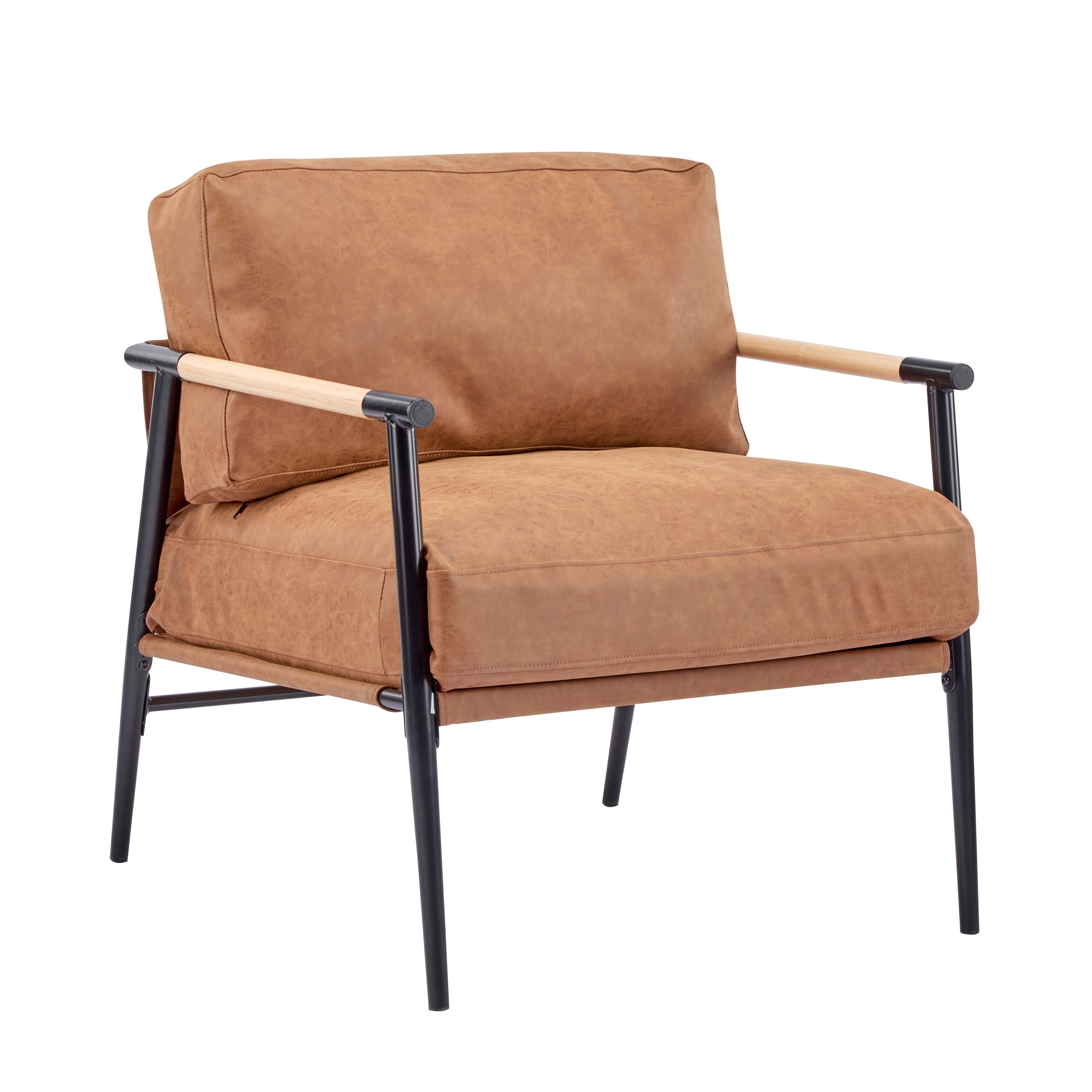 PU Leather Accent Chair with Wooden Armrests and Metal Frame