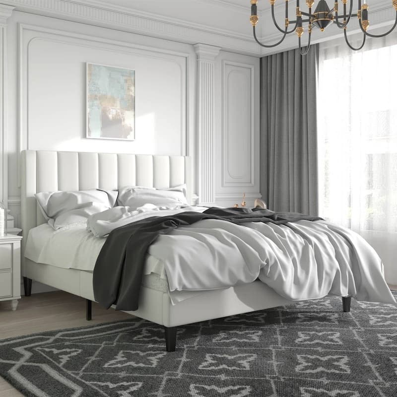 Velvet Upholstered Platform Bed Frame with Headboard - White - Full