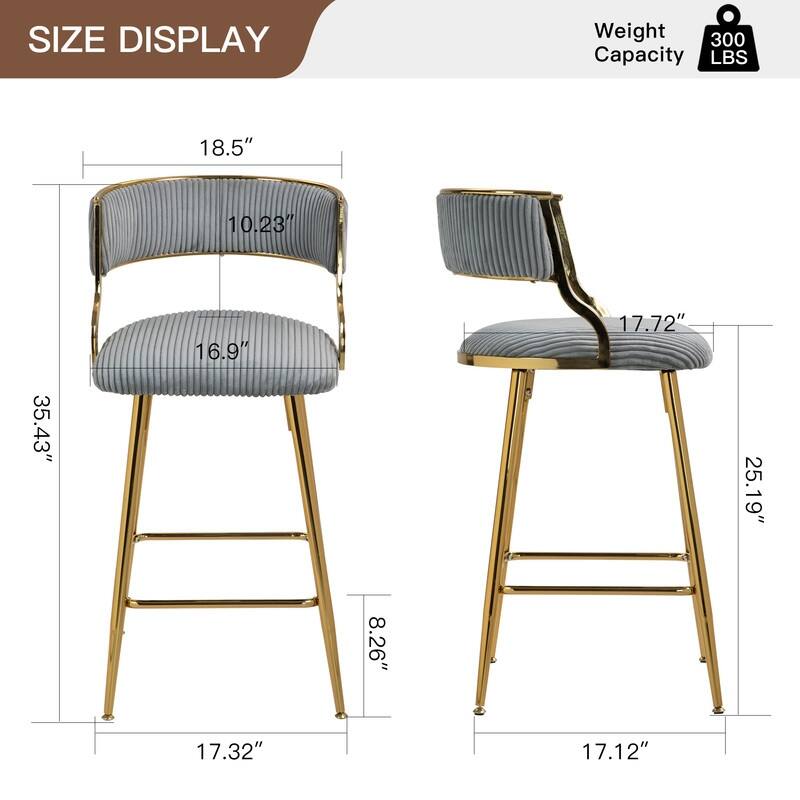 (SET of 2) 26'' Counter height bar stools Corduroy kitchen island counter bar stool with back,golden chromed base and footrest