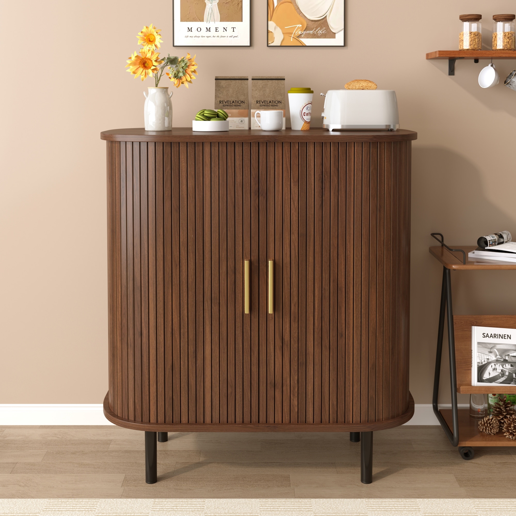 28"Fluted Wine Bar Cabinet with 8-Grid Wine Rack,5-Level Adjustable Shelves,2 Glass Holders,4 Hidden Storage Space on the Side