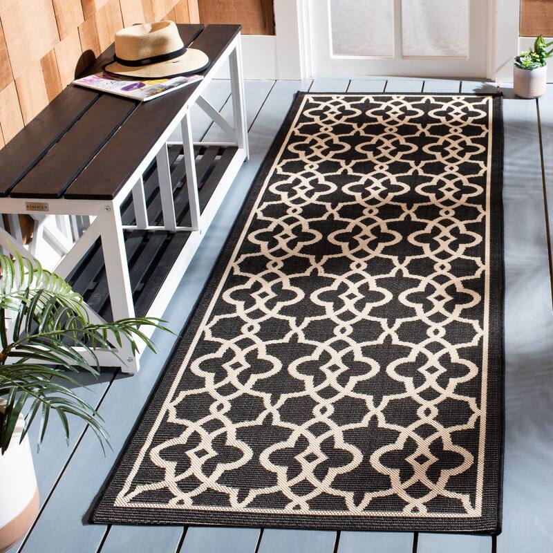SAFAVIEH Courtyard Marline Indoor/ Outdoor Waterproof Patio Backyard Rug - 2'7" x 8'2" Runner - Black/Beige