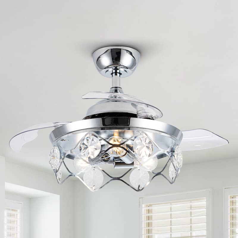 36-inch Modern Chrome Foldable Blades Crystal Chandelier Ceiling Fan with Remote - 36-in W