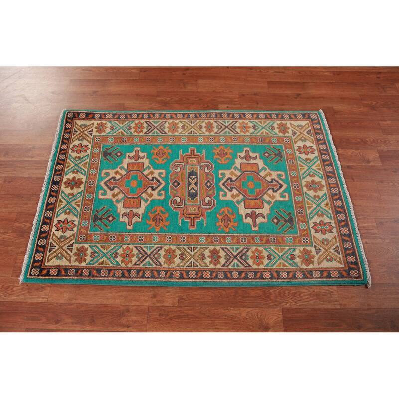 Turquoise Green Kazak Foyer Rug Hand-Knotted Geometric Wool Carpet - 2'7"x 4'0"
