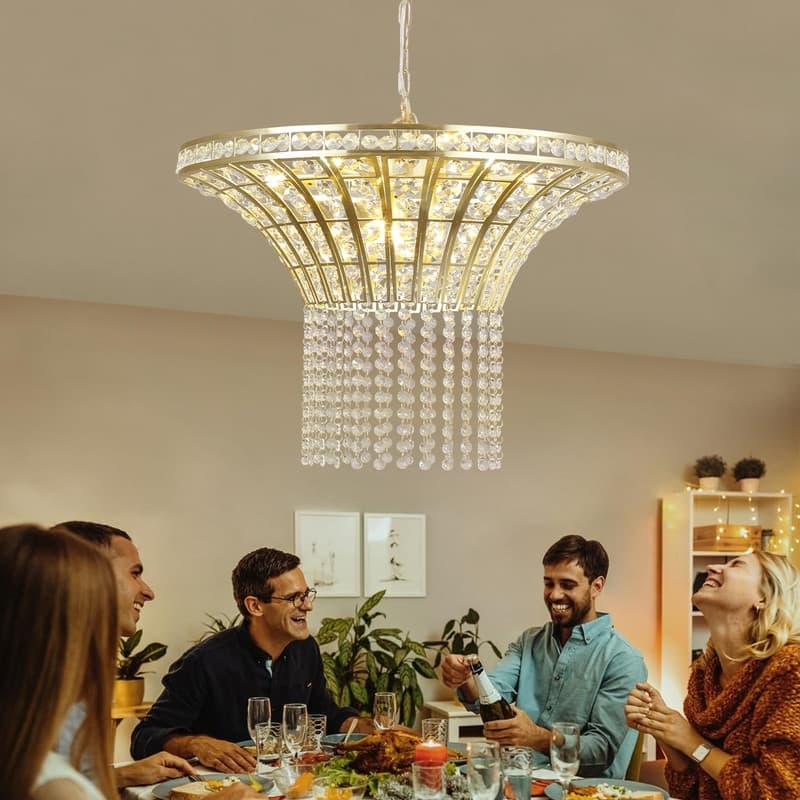 Glam Gold Metal Linear/Drum Crystal Chandelier for Kitchen Island ,Dining Room