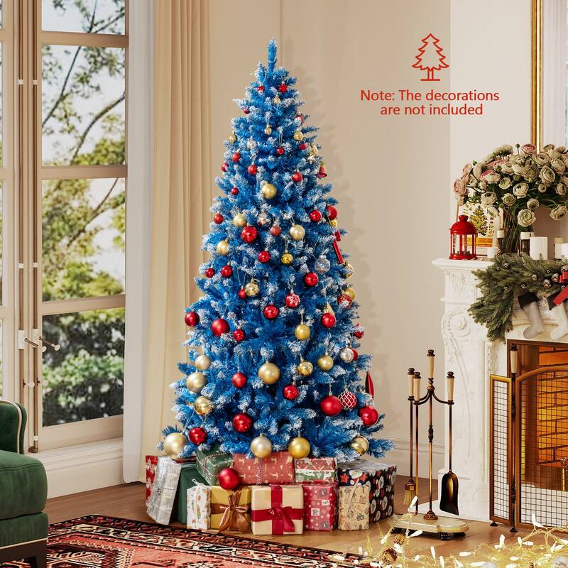 Gymax Pre-Lit Artificial Christmas Tree Blue Hinged Xmas Tree w/