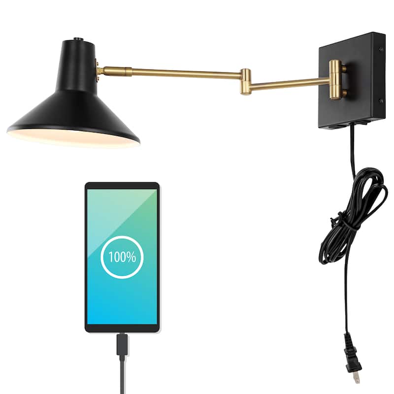 Max Swing Arm 1-Light Modern Midcentury Iron USB Charging Port LED Sconce, by JONATHAN Y