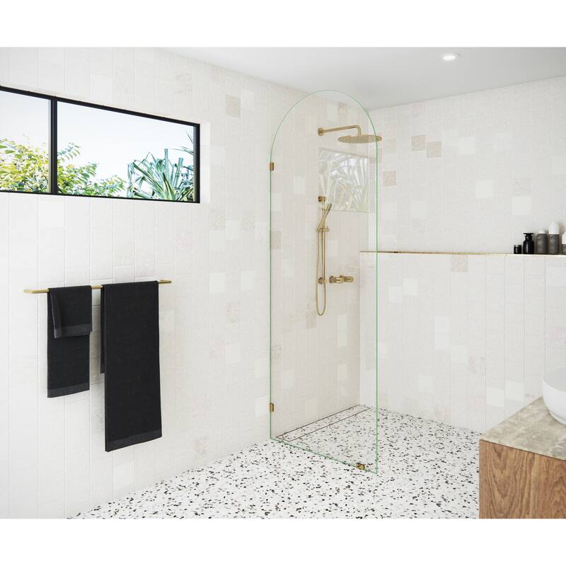 Glass Warehouse 32" x 86.75" Frameless Shower Door - Arched Single Fixed Panel - Polished Brass