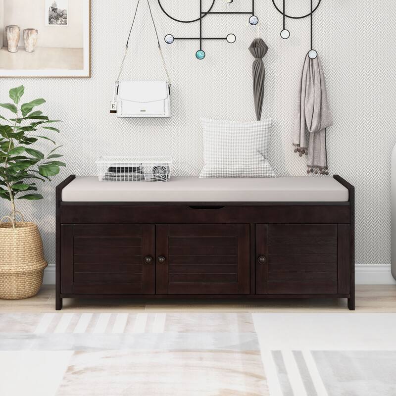 3 Shutter-shaped Doors Storage Benches with Removable Cushion