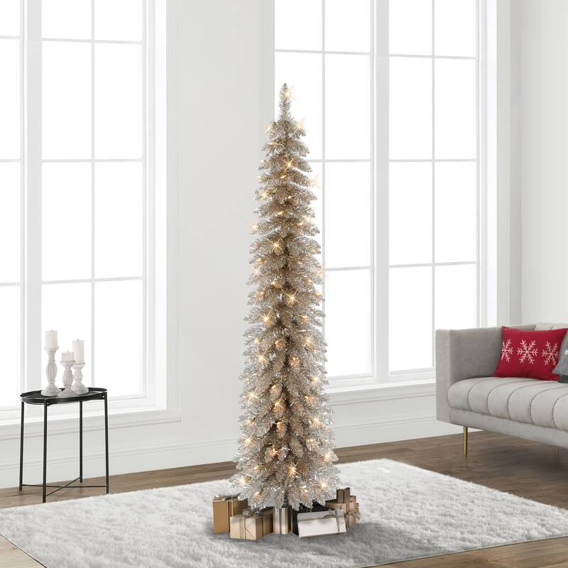 Puleo International 6' Pre-Lit Artificial Alpine Rose Gold Pencil Tree