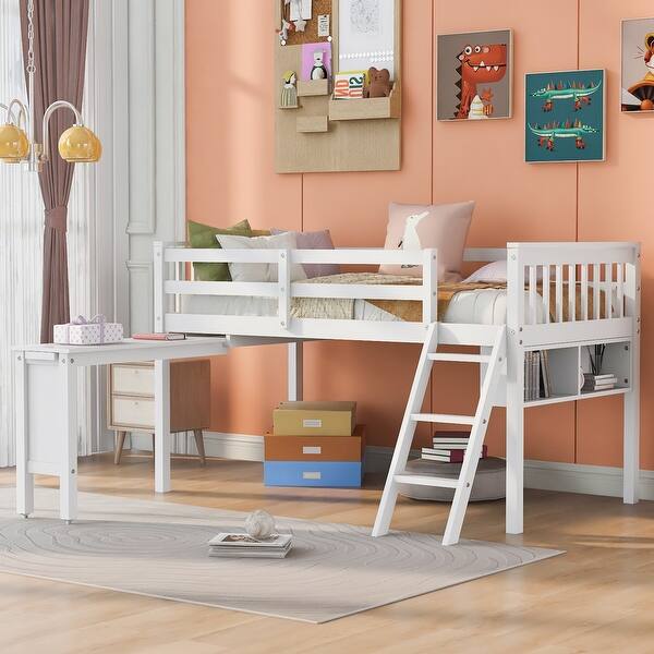 slide 2 of 9, Multi-function Sturdy Wooden Twin Size Loft Bed With Removable Desk and Cabinet White