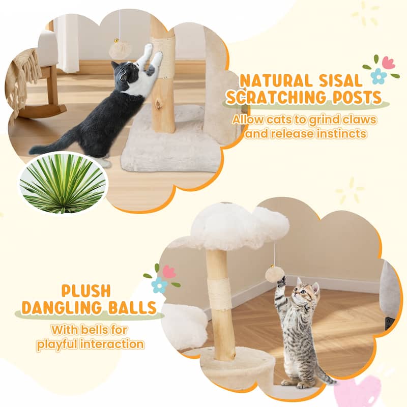 Cute Solid Wood Cat Tree Natural Branch Modern Flower Cat Tower with Sisal Scratching Posts - 19" x 16" x 32"