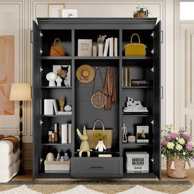 Entryway Bench with Coat Rack, Adjustable Shelves and Drawers, Entryway Storage Organizer Cabinet with 4 Doors