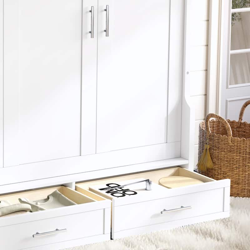 Murphy Platform Bed with Side Cabinets & Drawers, Wall Bed with Shelf for Home Office, Queen or Full