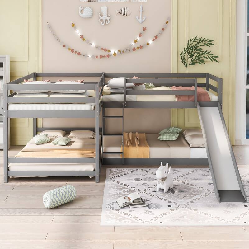 Full and Twin Size L-Shaped Bunk Bed, Solid Wood Bunk Bedframe for 4