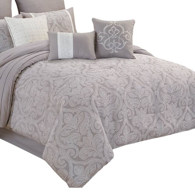 Queen Size 9 Piece Fabric Comforter Set with Medallion Prints, White