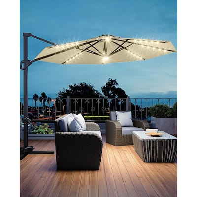 10FT Cantilever Patio Umbrella with Solar Lights, 360° Rotation Offset Umbrella