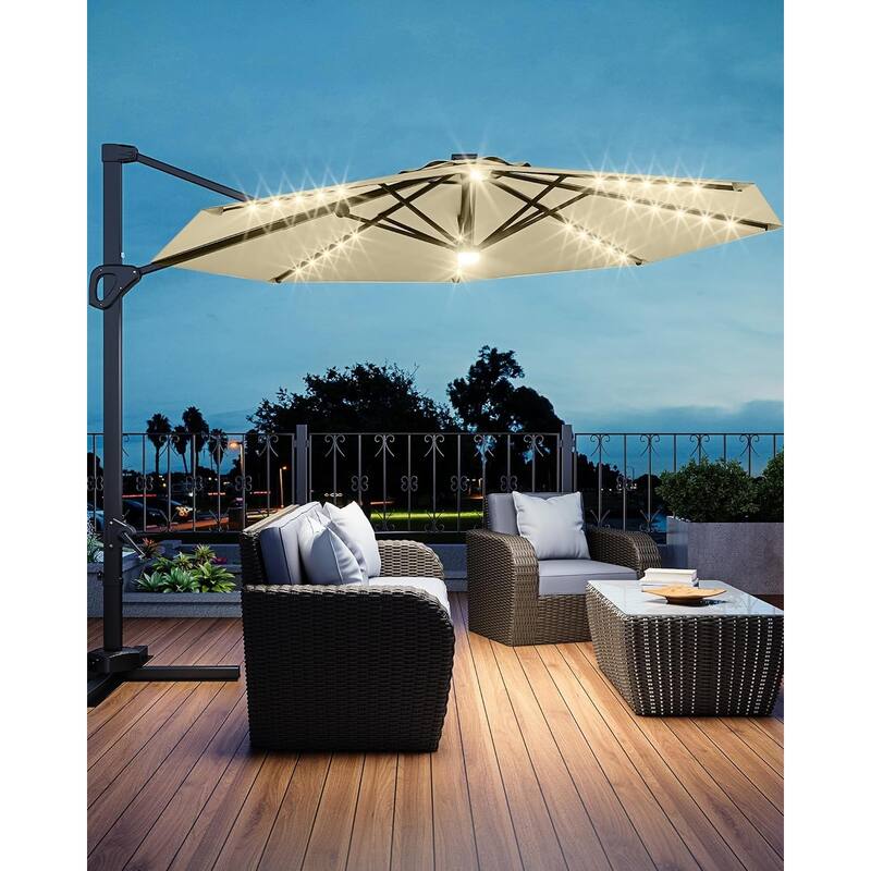 10FT Outdoor Cantilever Umbrella Patio Umbrella Solar LED with Base Included, 360-Degree Rotation - Beige