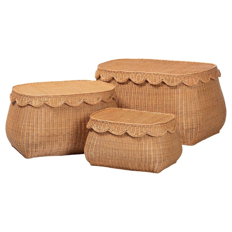 Ayleen Natural Rattan Basket Set with Scalloped Lids - Handwoven Wicker Storage Boxes, Boho Coastal Home Décor, 3-Piece Set - 3-Piece Set