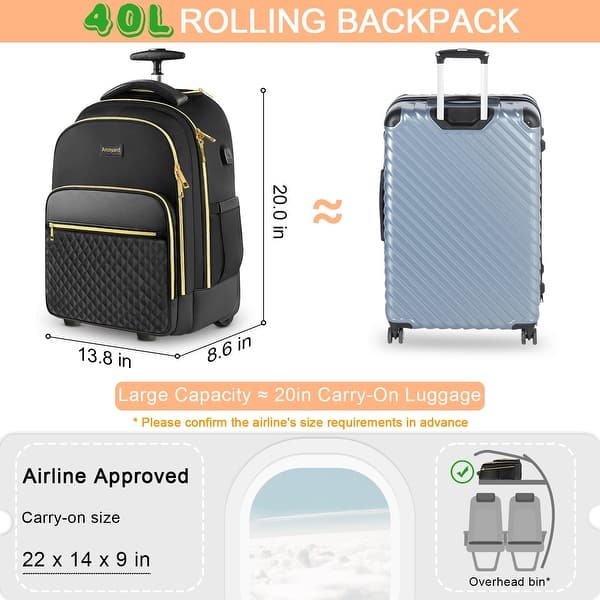 Rolling Backpack Carry On Luggage For Adults With Wheels, 40L Wheeled  Backpack For Women, Travel Roller Bag, Black Gold - Bed Bath & Beyond -  42714440