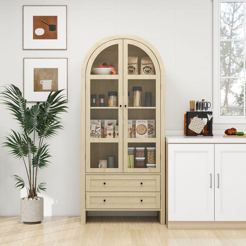 70.28" Tall Arched Kitchen Pantry, Modern Farmhouse Wood Kitchen Storage Cabinets ,Arched Storage Display Cabinet - Natural