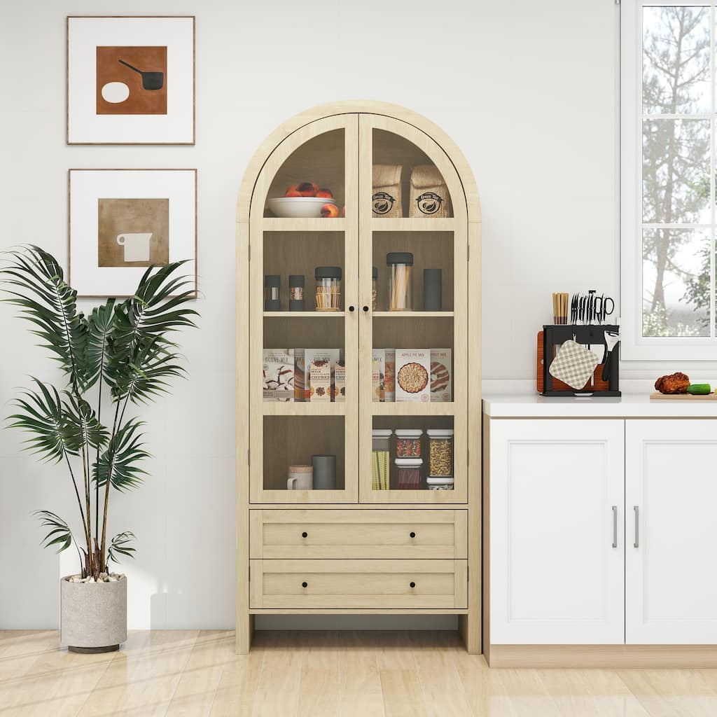 Roomfitters 70.28" Tall Arched Kitchen Pantry Cabinet, Modern Farmhouse Storage Cabinet with Glass Doors, Natural