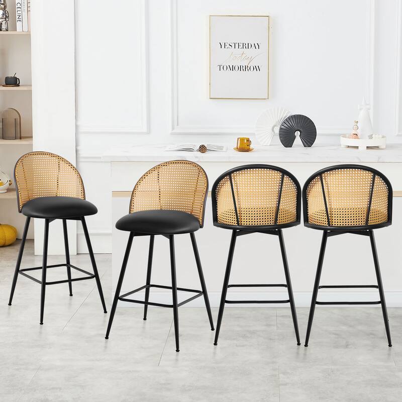Upholstered Swivel Counter/ Bar Stools with Rattan Back - Set of 4 - Leather-Black - Counter Height