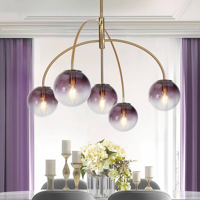 Modern Glam 5-Light Linear Branch Art Decor Chandelier with Smoked Purple Orb Glass - 46"W x 26"D x 20.8-80.8"H