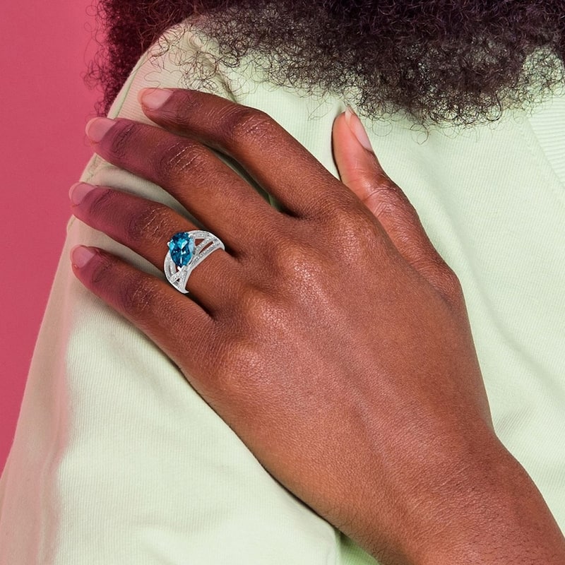 Curata 925 Sterling Silver Polished Open back Rhodium Plated Diamond and London Blue Topaz Ring