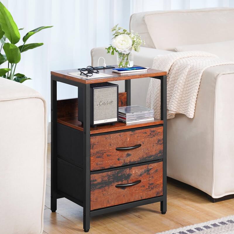 Nightstand with Charging Station, Small Night Stand with Fabric Drawers,Small Spaces Bedside Table with USB Ports & Outlets