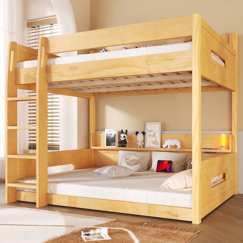 GDFStudio - TwinPeak Modern Wooden Queen over Queen Bunk Bed with Storage Shelves and USB Ports