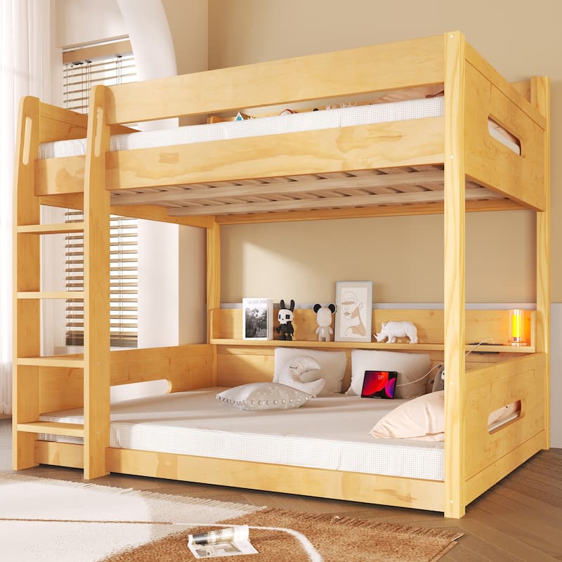 Queen over Queen Bunk Bed with Storage Shelves & Built-in USB Ports, Heavy Duty Metal Frame
