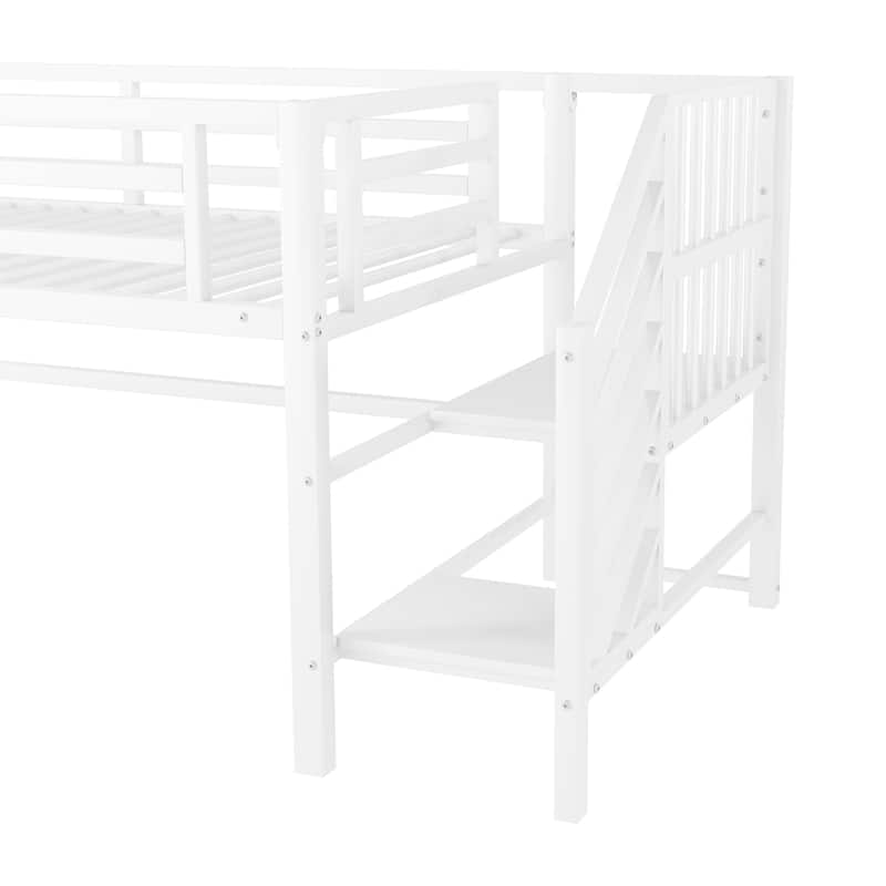 Twin Size Metal Loft Bed with Movable Storage Cabinets, Low Loft Bed Metal Frame Bed with Stairs for Kids
